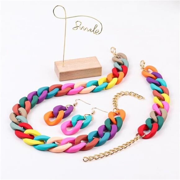 Multi Colored Acrylic Chunky Necklace Bracelet and Stud Earring Retro Set - Picture 2 of 2
